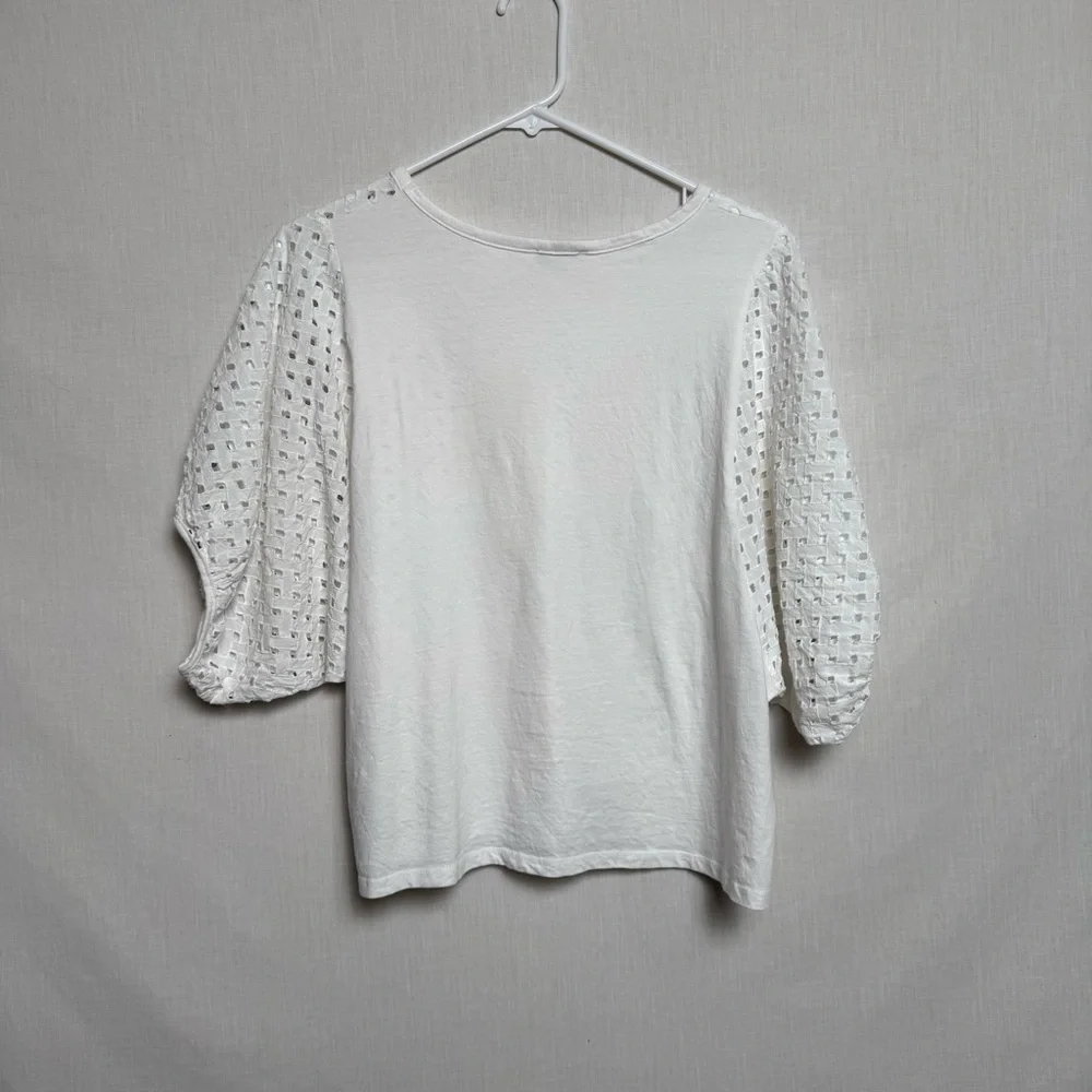 Zara White Eyelet Puff Sleeve Top Size L Cotton